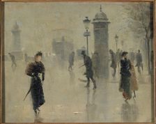 Passers-by on the boulevard on a winter's day, circa 1895. Creator: Unknown