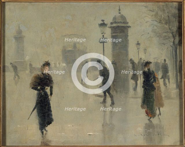 Passers-by on the boulevard on a winter's day, circa 1895. Creator: Unknown.