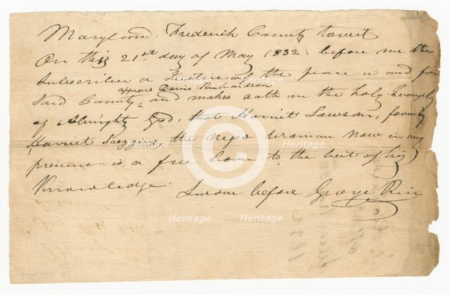 Pass for free woman Harriet Lawson to visit her husband, Caleb, May 21, 1832. Creator: Unknown.