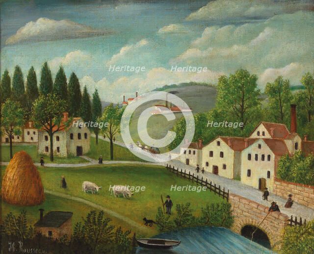 Pastoral landscape with stream, fisherman and strollers, ca 1877-1880. Creator: Rousseau, Henri Julien Félix (1844-1910).