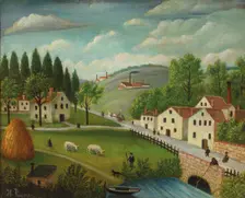 Pastoral landscape with stream, fisherman and strollers, ca 1877-1880. Creator: Rousseau, Henri Julien Félix (1844-1910)