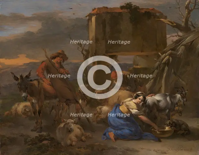 Pastoral Scene with a Shepherdess Milking a Goat, 1665/70. Creator: Nicolaes Berchem.