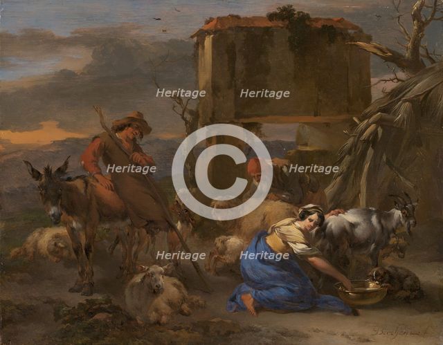 Pastoral Scene with a Shepherdess Milking a Goat, 1665/70. Creator: Nicolaes Berchem.