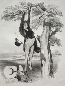Pastorales, plate 2: The Hazards of shaking a plum tree too vigorously..., 1845. Creator: Honoré Daumier (French, 1808-1879)