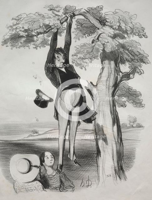 Pastorales, plate 2: The Hazards of shaking a plum tree too vigorously..., 1845. Creator: Honoré Daumier (French, 1808-1879).