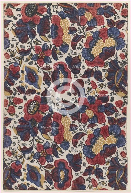 Paste end paper with overall pattern of red, blue, and yellow flowers, 19th century., 19th century. Creator: Anon.