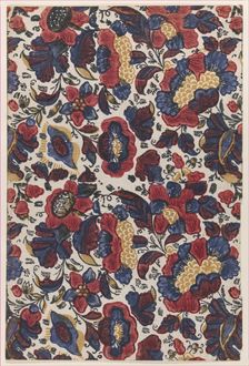 Paste end paper with overall pattern of red, blue, and yellow flowers, 19th century., 19th century. Creator: Anon