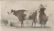 Pasture with cows and a farmer's wife with a yoke, 1864-1880. Creator: Johannes Tavenraat