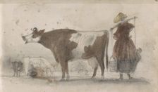 Pasture with cows and a farmer's wife with a yoke, 1864-1880. Creator: Johannes Tavenraat