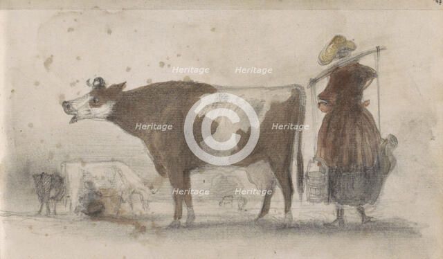 Pasture with cows and a farmer's wife with a yoke, 1864-1880. Creator: Johannes Tavenraat.