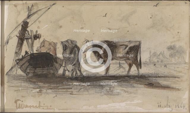 Pasture with cows at a trough, 1864. Creator: Johannes Tavenraat.