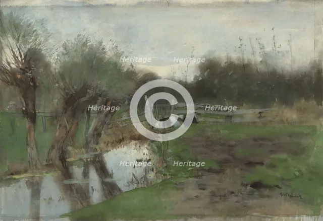 Pasture with cow by a stream, 1863-1895. Creator: George Poggenbeek.