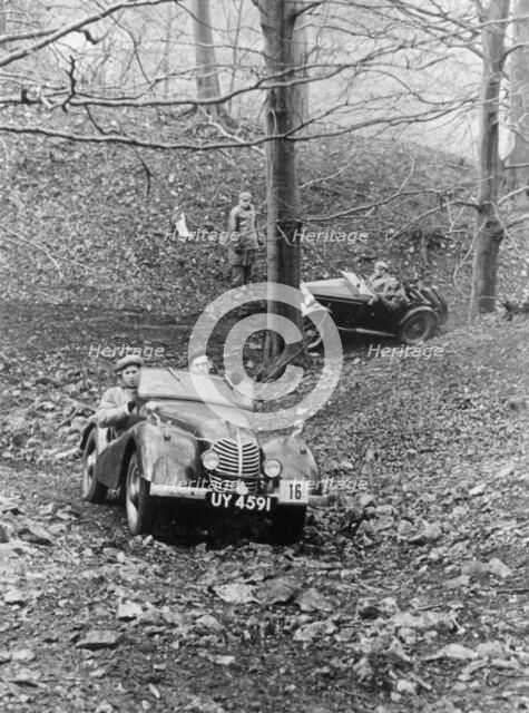 Peter Collins taking part in a hill climb, March 1949. Artist: Unknown