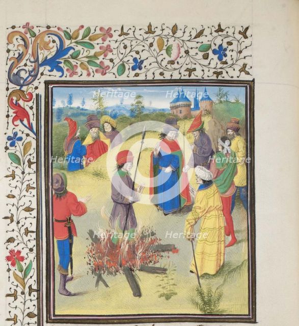 Peter Bartholomew Undergoing the Ordeal by Fire. Miniature from the Historia by William of Tyre, 1460s. Artist: Anonymous  