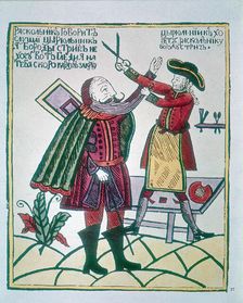 Peter I, the Great (1672-1725), Tsar of Russia, cutting a Boyar's (nobleman) beard