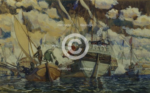 Peter I and Lefort. (The Fleet of Peter I on Lake Pleshcheyevo), 1927. Artist: Kardovsky, Dmitri Nikolayevich (1866-1943)