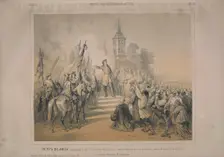 Peter the Great announces the peace agreement with Sweden to the people in St. Petersburg, 1860. Creator: Timm, Wassili (George Wilhelm) (1820-1895)
