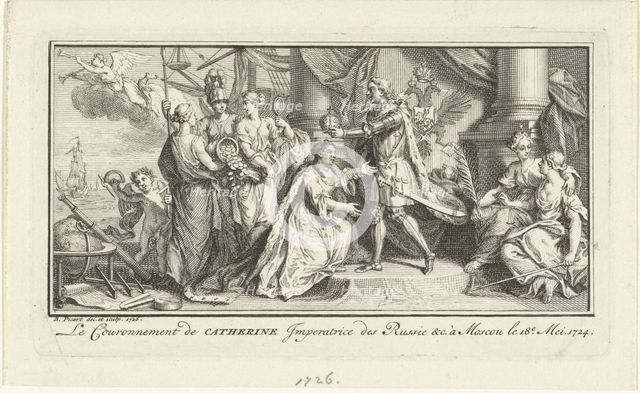 Peter the Great crowns his wife Catherine I as Empress, 1726. Artist: Picart, Bernard (1673–1733)