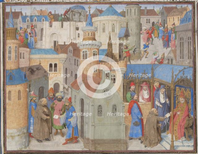 Peter the Hermit hears Pope Urban II at the Council of Clermont. Miniature from the Historia by William of Tyre, 1460s. Artist: Anonymous  