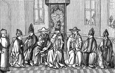 Peter the Hermit presenting Urban II with petition on return from pilgrimage to Holy Land 1094