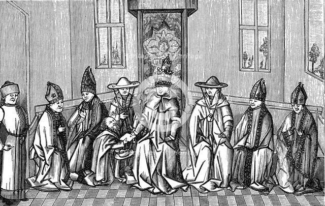 Peter the Hermit presenting Urban II with petition on return from pilgrimage to Holy Land 1094. Artist: Unknown