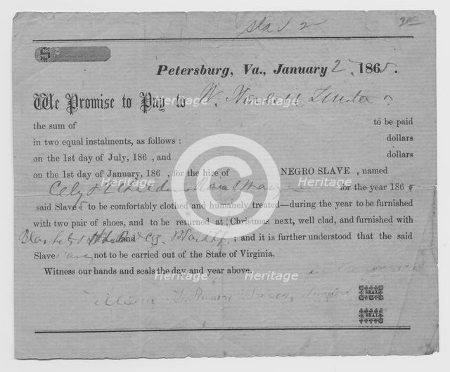 Petersburg, VA- We promise to pay W. Howlett...for slave..., 1865-01-02. Creator: Unknown.