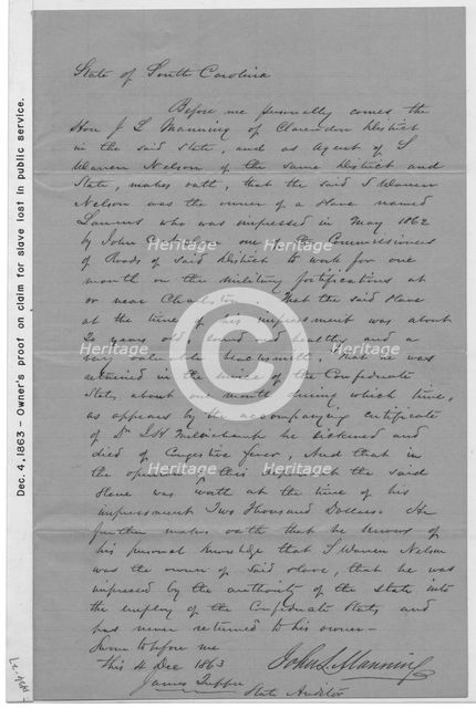 Petition for compensation for slave pressed into military service, Civil War, 1863-12-04. Creator: Unknown.
