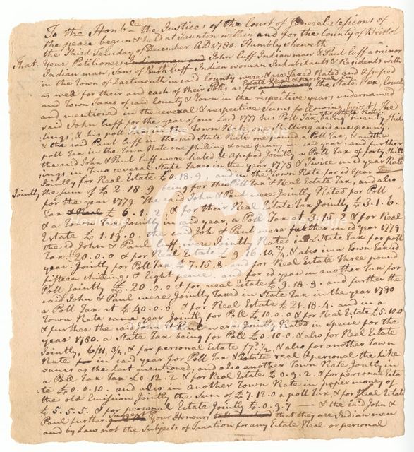 Petition signed by John Cuffe and Paul Cuffe regarding taxation, December 19, 1780. Creator: Unknown.
