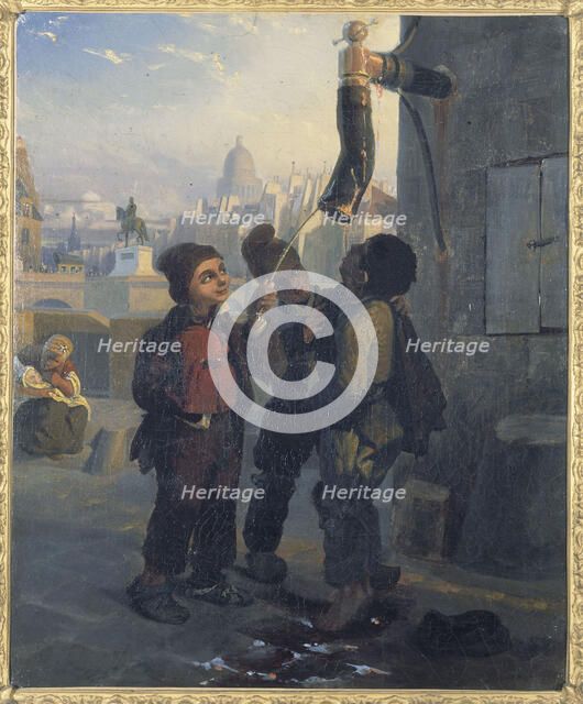 Petits ramoneurs se désaltérant à l'eau d'une pompe, vers 1830, c1830. Creator: Ecole Francaise.