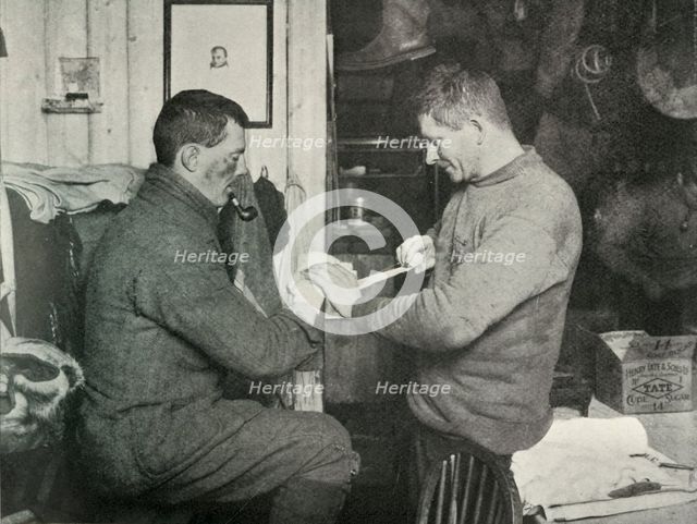 'Petty Officer Evans Binding Up Dr. Atkinson's Hand', 5 July 1911, (1913). Artist: Herbert Ponting.