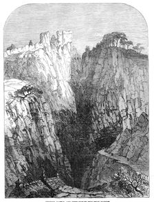 Peveril Castle, and entrance to the Peak Cavern, 1854. Creator: Unknown