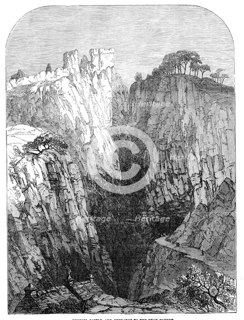 Peveril Castle, and entrance to the Peak Cavern, 1854. Creator: Unknown.