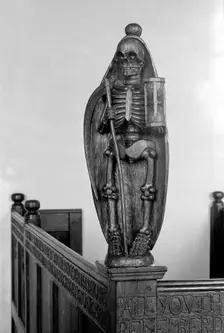 Pew end in Andrew's church, Little Barningham, Norfolk, 1964. Artist: Laurence Goldman