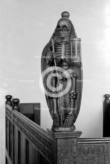 Pew end in Andrew's church, Little Barningham, Norfolk, 1964. Artist: Laurence Goldman