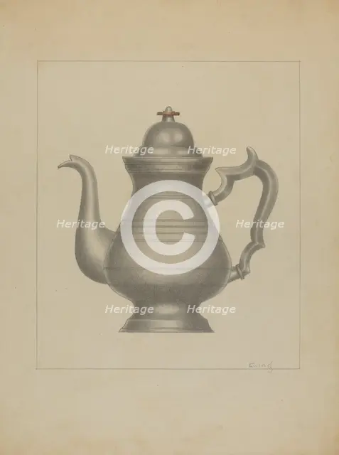 Pewter Coffee Pot, c. 1936. Creator: Burton Ewing.