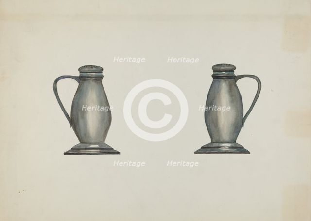 Pewter Salt and Pepper Shakers, c. 1937. Creator: Beulah Bradleigh.