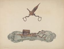 Pewter Tray and Snuffers, c. 1938. Creator: Carmel Wilson
