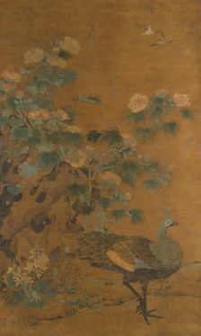 Peacock and Hollyhocks, mid-14th century. Creator: Bian Lu