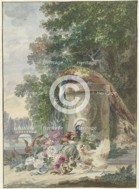 Peacock and Poultry in a Park, Chased by a Dog, c.1775-c.1800. Creator: Arie Lamme.