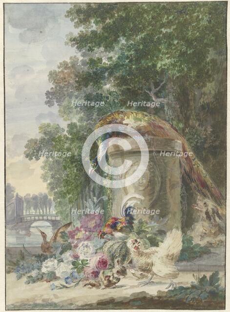 Peacock and Poultry in a Park, Chased by a Dog, c.1775-c.1800. Creator: Arie Lamme.
