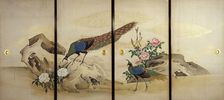 Peacock and Peahen with Chick and Peonies, c1840-50. Creator: Mori Ippô