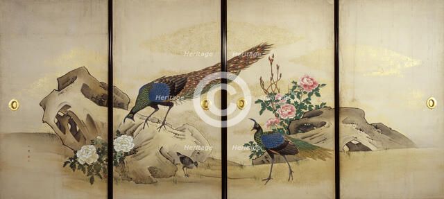 Peacock and Peahen with Chick and Peonies, c1840-50. Creator: Mori Ippô.