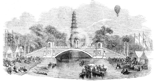 Peace Commemoration, 1814 - Chinese Pagoda and Bridge, in St. James's-Park, 1856.  Creator: Unknown.