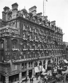 Peace decorations on the First Avenue Hotel, High Holborn, London, January 1919. Artist: Adolph Augustus Boucher