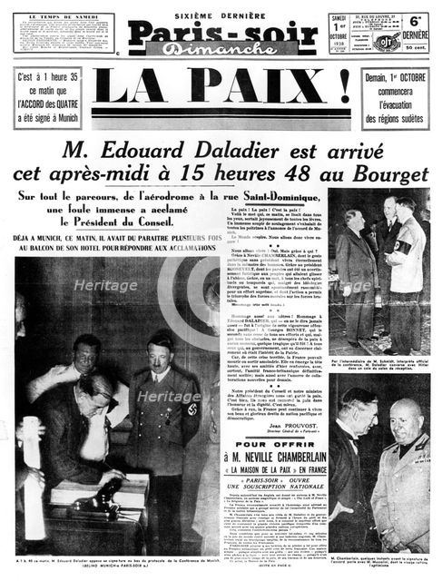 Peace!, front page of Paris-soir newspaper, 1 October 1938. Artist: Unknown