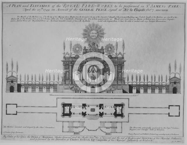 Peace of Aix-la-Chapelle: A Plan and Elevation of the Royal Fire-Works, London, 1749, ..., ca. 1749. Creator: George Vertue.