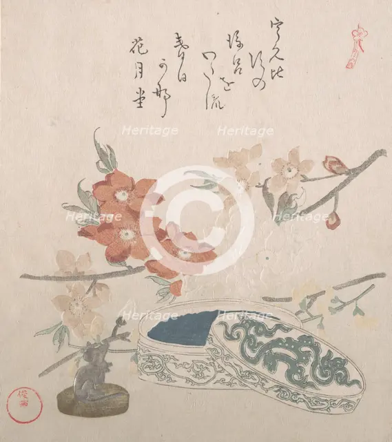Peach Blossoms, a Seal and a Seal-box, 19th century. Creator: Kubo Shunman.
