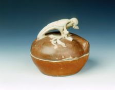 Peach shaped covered box with unglazed pigeon in relief, Ming dynasty, China, 16th century. Creator: Unknown