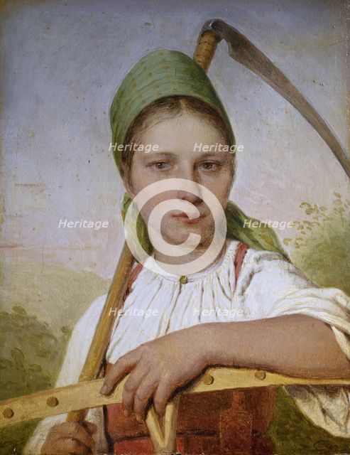 Peasant woman with a scythe and rake, before 1825. Artist: Venetsianov, Alexei Gavrilovich (1780-1847)
