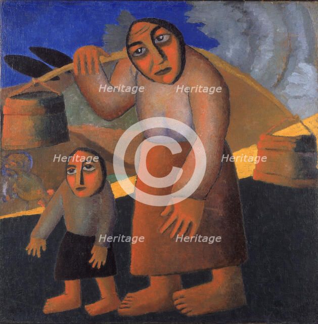 Peasant Woman with Buckets and Child, c. 1912. Artist: Malevich, Kasimir Severinovich (1878-1935)